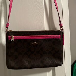 NEW Coach Brown & Pink Signature Canvas Leather Crossbody Bag